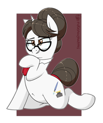 Size: 2100x2500 | Tagged: safe, artist:notenoughapples, character:raven inkwell, species:pony, species:unicorn, belly button, clothing, female, glasses, hair bun, mare, raised hoof, simple background, smiling, solo
