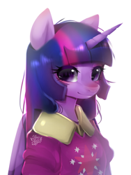 Size: 602x800 | Tagged: safe, artist:snow angel, character:twilight sparkle, character:twilight sparkle (alicorn), species:alicorn, species:anthro, species:pony, blushing, bust, clothing, cute, female, looking at you, mare, portrait, simple background, smiling, solo, twiabetes, white background