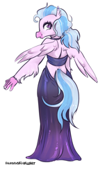 Size: 1772x2929 | Tagged: safe, artist:rainbowsprinklesart, character:silverstream, species:anthro, alternate hairstyle, backless, beautiful, clothing, cute, diastreamies, dress, ear piercing, earring, female, jewelry, piercing, profile, simple background, solo, white background