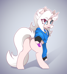 Size: 3197x3551 | Tagged: safe, artist:arctic-fox, patreon reward, oc, oc only, oc:fuchsia, species:pony, species:unicorn, butt, clothing, dock, eye clipping through hair, female, gloves, hair over one eye, jacket, mare, patreon, plot, simple background, solo