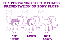 Size: 1280x889 | Tagged: safe, artist:dstears, species:earth pony, species:pony, alliteration, announcement, butt, clothing, female, generic pony, lewd, meme, monochrome, pleated skirt, plot, public service announcement, purple text, simple background, skirt, skirt lift, solo, text, truth, we don't normally wear clothes, white background