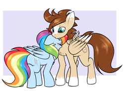 Size: 3000x2200 | Tagged: source needed, useless source url, safe, artist:elzzombie, character:rainbow dash, oc, oc:skittle, species:pegasus, species:pony, backwards cutie mark, blushing, canon x oc, chest fluff, cute, female, male, mare, skidash, stallion, straight