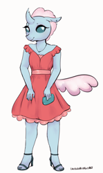 Size: 1784x3000 | Tagged: safe, artist:rainbowsprinklesart, character:ocellus, species:anthro, species:plantigrade anthro, clothing, dress, ear piercing, earring, female, high heels, jewelry, nail polish, necklace, piercing, purse, shoes, simple background, solo, white background