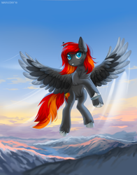 Size: 900x1149 | Tagged: safe, artist:margony, oc, oc only, oc:flame runner, species:pegasus, species:pony, clothing, cloud, colored wings, colored wingtips, ear fluff, female, looking at you, male, mountain, scenery, sky, solo, spread wings, stallion, unshorn fetlocks, wings, ych result