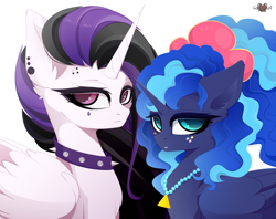 Size: 5040x4000 | Tagged: safe, artist:xsatanielx, rcf community, character:princess celestia, character:princess luna, species:alicorn, species:pony, episode:between dark and dawn, g4, my little pony: friendship is magic, 80s, 80s hair, 80s princess luna, alternate hairstyle, celestia is not amused, choker, duo, eyeliner, female, folded wings, frown, glare, jewelry, makeup, mare, necklace, punklestia, royal sisters, sisters, smiling, spiked choker, unamused, wings