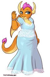 Size: 1919x2941 | Tagged: safe, artist:rainbowsprinklesart, character:smolder, species:anthro, species:dragon, bracelet, chubby, clothing, dragoness, dress, eyeshadow, female, implied weight gain, jewelry, makeup, overweight, plump, princess smolder, simple background, solo, white background