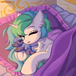 Size: 998x1000 | Tagged: safe, artist:margony, character:princess celestia, character:princess luna, species:alicorn, species:pony, bed, cute, cutelestia, cuteness overload, dawwww, eyes closed, female, happy, hug, in bed, open mouth, plushie, pony holding plushie, royal sisters, sleeping