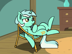 Size: 1280x960 | Tagged: safe, artist:flutterluv, character:lyra heartstrings, species:pony, species:unicorn, chair, female, lounging, ponified animal photo, slouching, smiling, solo