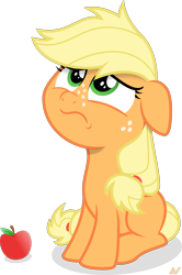 Size: 1500x2257 | Tagged: safe, artist:arifproject, character:applejack, species:earth pony, species:pony, episode:going to seed, g4, my little pony: friendship is magic, apple, cute, female, filly, filly applejack, food, frown, inkscape, jackabetes, looking up, sad, sadorable, simple background, sitting, solo, transparent background, vector, younger