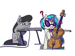 Size: 1280x960 | Tagged: safe, artist:flutterluv, character:dj pon-3, character:octavia melody, character:vinyl scratch, species:earth pony, species:pony, species:unicorn, accessory swap, bow (instrument), cello, duo, musical instrument, question mark, simple background, transparent background, turntable