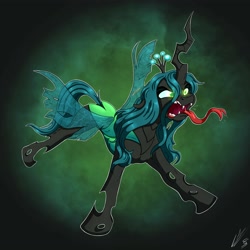 Size: 4000x4000 | Tagged: safe, artist:lupiarts, artist:snoopystallion, character:queen chrysalis, species:changeling, changeling queen, collaboration, comic sins, fangs, female, hissing, solo, spit, tongue out