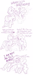 Size: 1000x2272 | Tagged: safe, artist:dstears, character:pinkie pie, character:rarity, species:earth pony, species:pony, species:unicorn, birthday, boop, butt, cake, comic, confetti, dialogue, dropped, duo, female, food, grabbing, magic, monochrome, noseboop, overreaction, pinkie being pinkie, pinkie physics, plot, purple, shocked, teary eyes, telekinesis