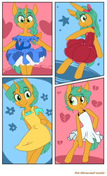 Size: 1167x1920 | Tagged: safe, artist:kryptchild, character:snails, species:pony, species:unicorn, alternate hairstyle, ask glitter shell, bipedal, clothing, dress, female, glitter shell, modeling, semi-anthro, shellbetes, solo, trans female, transgender