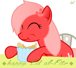 Size: 1801x1628 | Tagged: safe, artist:arifproject, oc, oc only, oc:downvote, species:earth pony, species:pony, derpibooru, derpibooru ponified, eating, eid al-fitr, eyes closed, food, holding, malaysia, meta, ponified, simple background, solo, text, transparent background, vector