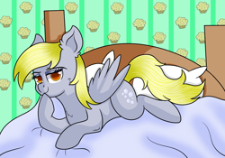Size: 3000x2100 | Tagged: safe, artist:rainbowtashie, character:derpy hooves, species:pegasus, species:pony, bed, bedroom eyes, female, mare, simple background, solo