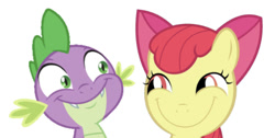 Size: 619x311 | Tagged: safe, artist:queencold, editor:undeadponysoldier, character:apple bloom, character:spike, species:dragon, species:earth pony, species:pony, ship:spikebloom, adorable face, adoracreepy, big smile, bow, comparison, creepy, creepy smile, cute, faec, female, filly, happy, looking at each other, male, rapeface, shipping, silly face, simple background, smiling, smirk, straight, wat, white background