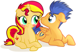Size: 1280x866 | Tagged: safe, artist:furrgroup, character:flash sentry, character:sunset shimmer, species:pegasus, species:pony, species:unicorn, ship:flashimmer, blushing, cute, diasentres, ear bite, female, floppy ears, male, mare, prone, shimmerbetes, shipping, simple background, stallion, straight, white background