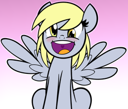 Size: 1280x1094 | Tagged: safe, artist:furrgroup, character:derpy hooves, species:pegasus, species:pony, blushing, cute, derpabetes, female, gradient background, heart, looking at you, mare, open mouth, sitting, solo, spread wings, wings