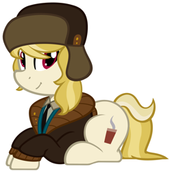 Size: 1280x1290 | Tagged: safe, artist:furrgroup, character:march gustysnows, species:earth pony, species:pony, clothing, cute, female, hat, mare, necktie, prone, simple background, solo, ushanka, white background