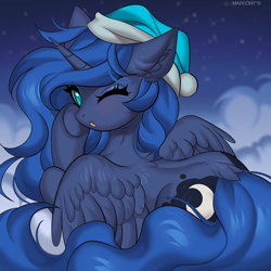 Size: 1000x1002 | Tagged: safe, artist:margony, character:princess luna, species:alicorn, species:pony, back fluff, blushing, butt fluff, clothing, cloud, colored pupils, cute, ear fluff, eye clipping through hair, eyebrows, eyebrows visible through hair, female, hat, looking at you, looking back, looking back at you, lunabetes, neck fluff, nightcap, one eye closed, sleepy, solo, spread wings, sweet dreams fuel, wings, wink