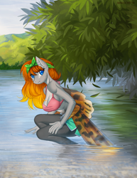 Size: 1004x1300 | Tagged: safe, artist:margony, oc, oc only, oc:guppy freshwater, species:anthro, species:pony, species:sea pony, anthro oc, bikini, bikini top, breasts, cleavage, clothing, commission, female, lake, mare, smiling, swimsuit, tree, ych result