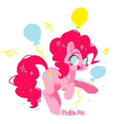 Size: 331x359 | Tagged: safe, artist:snow angel, character:pinkie pie, species:pony, balloon, blushing, cute, cutie mark background, diapinkes, female, open mouth, pixel-crisp art, simple background, solo, white background