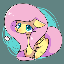 Size: 1280x1280 | Tagged: safe, artist:snow angel, character:fluttershy, species:pegasus, species:pony, abstract background, biting, cute, dialogue, female, floppy ears, folded wings, hair bite, heart, question mark, shyabetes, solo, speech bubble, three quarter view, wingding eyes, wings