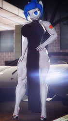 Size: 2160x3840 | Tagged: safe, artist:dashie116, oc, oc only, oc:daria quanto, species:anthro, species:unguligrade anthro, 3d, anthro oc, armpits, big breasts, black dress, breasts, car, clothing, dress, feet, female, muscular female, smiling, solo, source filmmaker, tattoo, vehicle
