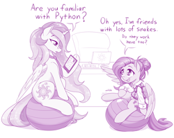 Size: 1280x1020 | Tagged: safe, artist:dstears, character:fluttershy, character:princess celestia, species:alicorn, species:pegasus, species:pony, alternate hairstyle, clothing, comically missing the point, computer, cute, dialogue, duo, exercise ball, female, hair bun, job interview, mare, monochrome, necktie, office chair, open mouth, pone co., profile, programming, python (language), resume, shyabetes, sitting, trademark, yoga ball