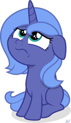 Size: 1500x2613 | Tagged: safe, artist:arifproject, character:princess luna, species:pony, episode:going to seed, g4, my little pony: friendship is magic, female, filly, frown, sad, simple background, sitting, solo, transparent background, vector, woona, younger