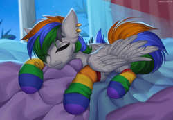Size: 1298x900 | Tagged: safe, artist:margony, oc, oc only, species:pegasus, species:pony, clothing, commission, eyes closed, female, indoors, mare, night, rainbow socks, sleeping, smiling, socks, solo, striped socks, wavy mouth, window
