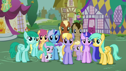 Size: 1280x720 | Tagged: safe, artist:capnpea, edit, edited screencap, screencap, character:aura, character:cloud kicker, character:dinky hooves, character:dizzy twister, character:doctor whooves, character:liza doolots, character:meadow song, character:minuette, character:orange swirl, character:petunia, character:sassaflash, character:sea swirl, character:spring melody, character:sprinkle medley, character:sunshower raindrops, character:time turner, character:tootsie flute, species:pony, episode:it's about time, g4, my little pony: friendship is magic, background pony, background pony audience, face, female, filly, male, mare, mask, modular, no face, stallion, tootsie flute mask, wat