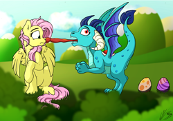 Size: 4260x3000 | Tagged: safe, artist:lupiarts, artist:snoopystallion, character:fluttershy, character:princess ember, species:dragon, species:pegasus, species:pony, episode:sweet and smoky, g4, my little pony: friendship is magic, anus, belly button, collaboration, comic sins, derp, dragoness, duo, egg, female, frown, grass, imminent vore, implied oviposition, laying an egg, leg fluff, licking, looking back, mare, nudity, pose, raised hoof, silly, simplistic anus, spread wings, surprised, this will end in tears, tongue out, wat, wide eyes, wing fluff, wings, yoshi