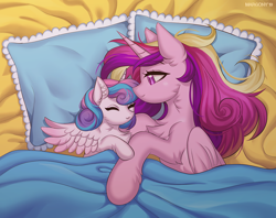 Size: 1138x900 | Tagged: safe, artist:margony, character:princess cadance, character:princess flurry heart, species:alicorn, species:pony, bed, cheek fluff, chest fluff, cute, cutedance, duo, ear fluff, eyes closed, female, filly, fluffy, flurrybetes, in bed, leg fluff, mama cadence, mare, mother and daughter, neck fluff, sleeping, smiling