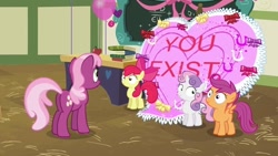 Size: 640x360 | Tagged: safe, artist:capnpea, edit, edited screencap, screencap, character:apple bloom, character:cheerilee, character:scootaloo, character:sweetie belle, species:earth pony, species:pegasus, species:pony, species:unicorn, episode:hearts and hooves day, g4, my little pony: friendship is magic, balloon, bow, card, cutie mark crusaders, female, filly, fimbriae, frown, looking sideways, looking up, mare, ponyville schoolhouse, ribbon, smiling, spread wings, wat, wide eyes, wings