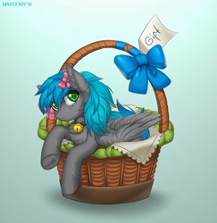 Size: 882x906 | Tagged: safe, artist:margony, oc, oc only, oc:key turner, species:pegasus, species:pony, basket, bell, bell collar, bow, collar, pony in a basket, solo, ych result