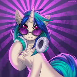 Size: 1000x1000 | Tagged: safe, artist:margony, character:dj pon-3, character:vinyl scratch, species:pony, species:unicorn, abstract background, chest fluff, ear fluff, female, headphones, looking at you, mare, solo, sunburst background, sunglasses