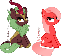 Size: 2800x2572 | Tagged: safe, artist:arifproject, character:cinder glow, character:summer flare, oc, oc:downvote, species:earth pony, species:kirin, species:pony, derpibooru, derpibooru ponified, cute, duo, female, looking at you, mare, meta, ponified, simple background, sitting, smiling, smirk, text, transparent background, vector