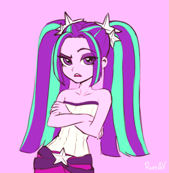 Size: 1255x1280 | Tagged: safe, artist:rileyav, character:aria blaze, equestria girls:rainbow rocks, g4, my little pony: equestria girls, my little pony:equestria girls, adorasexy, ariabetes, bare shoulders, breasts, clothing, corset, crossed arms, cute, delicious flat chest, eye clipping through hair, female, lidded eyes, looking at you, open mouth, pigtails, pink background, raised eyebrow, sexy, simple background, sleeveless, solo, strapless, twintails