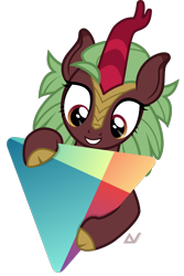 Size: 1800x2699 | Tagged: safe, artist:arifproject, character:cinder glow, character:summer flare, species:kirin, app icon, cinderbetes, cloven hooves, cute, female, google play, grin, holding, hug, kirinbetes, looking at something, simple background, smiling, solo, transparent background, triangle, vector