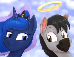 Size: 1280x987 | Tagged: safe, artist:hyperstorm_h, character:princess luna, oc, oc:cetas, ponysona, species:pony, blushing, brony, close-up, dead, halo, looking at each other, memorial, rest in peace, sky background, smiling
