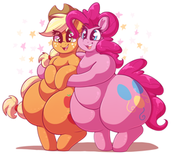 Size: 3282x2950 | Tagged: safe, artist:graphenescloset, character:applejack, character:pinkie pie, species:pony, episode:she's all yak, g4, my little pony: friendship is magic, adorafatty, applebucking thighs, applefat, bbw, bottom heavy, cute, diapinkes, duo, fat, female, freckles, happy, hug, jackabetes, large butt, mare, obese, pudgy pie, scene interpretation, thighs, thunder thighs, wide hips