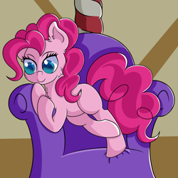 Size: 3000x3000 | Tagged: safe, artist:rainbowtashie, character:pinkie pie, species:earth pony, species:pony, episode:just for sidekicks, g4, my little pony: friendship is magic, chair, cheek fluff, chest fluff, colored pupils, cute, diapinkes, ear fluff, female, mare, neck fluff, scene interpretation, simple background, smiling, solo