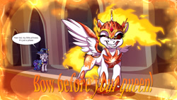 Size: 3840x2160 | Tagged: safe, artist:lupiarts, character:daybreaker, character:princess celestia, character:princess luna, character:star swirl the bearded, species:alicorn, species:pony, castle of the royal pony sisters, commission, dialogue, evil grin, female, filly, fire, grin, hoof shoes, it's a phase, majestic as fuck, mane of fire, scared, sharp teeth, smiling, speech bubble, teeth, woona, younger