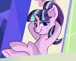 Size: 3000x2400 | Tagged: safe, artist:rainbowtashie, character:starlight glimmer, species:pony, species:unicorn, episode:the cutie re-mark, cheek fluff, chest fluff, crossed legs, female, hooves behind head, hooves on the table, mare, s5 starlight, scene interpretation, simple background, smiling, smirk, smug, smuglight glimmer, solo, welcome home twilight