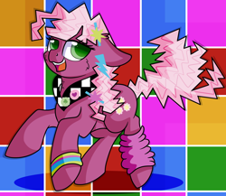 Size: 3000x2605 | Tagged: safe, artist:rainbowtashie, character:cheerilee, species:earth pony, species:pony, newbie artist training grounds, 80s, 80s cheerilee, alternate hairstyle, arm band, atg 2019, female, happy, leg warmers, mare, open mouth, simple background, solo