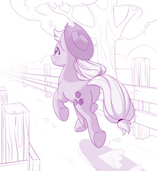 Size: 1280x1390 | Tagged: safe, alternate version, artist:dstears, character:applejack, species:earth pony, species:pony, newbie artist training grounds, atg 2019, facing away, female, fence, heart, hoof heart, mare, rear view, solo, tree