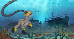 Size: 1509x800 | Tagged: safe, artist:margony, oc, oc only, oc:crash dive, species:pegasus, species:pony, clothing, commission, coral, diving, diving suit, female, fish, hose, mare, scenery, scenery porn, seabed, seaweed, ship, shipwreck, solo, swimming, underwater, water, watermark, wings
