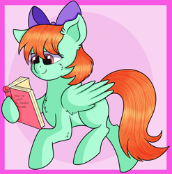 Size: 2962x3000 | Tagged: safe, artist:rainbowtashie, character:peppermint goldylinks, species:pegasus, species:pony, newbie artist training grounds, abstract background, atg 2019, background pony, book, bow, chest fluff, female, friendship student, hoof hold, mane bow, mare, peppermint adoralinks, reading, simple background, solo