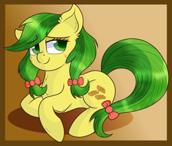 Size: 3000x2553 | Tagged: safe, artist:rainbowtashie, character:apple fritter, species:earth pony, species:pony, apple family member, bow, cheek fluff, chest fluff, cute, ear fluff, female, hair bow, mare, pigtails, redraw, simple background, smiling, solo, twintails